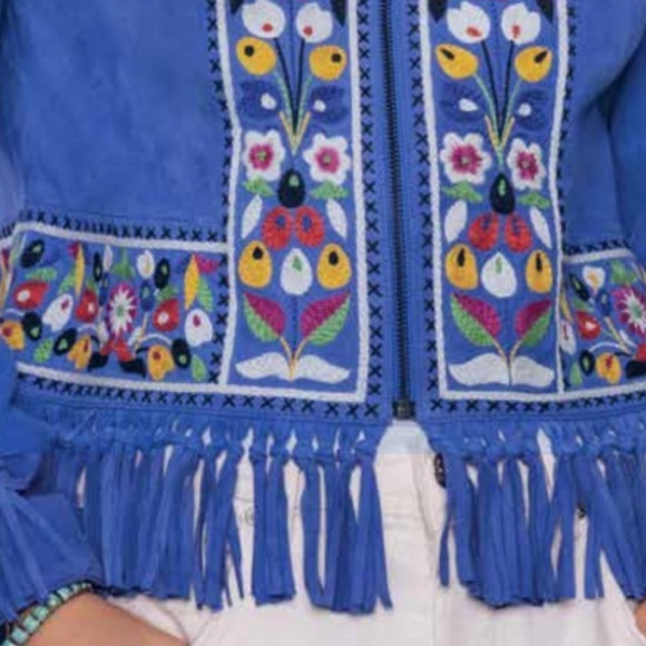 Double D Ranch leather fringe jacket floral embroidered cross stitch RTL $1200 - Picture 8 of 9